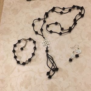 Black beaded tassel necklace, bracelet, 925 earrings: artisan made. NWOT